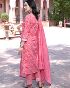 Pink Bandhani Printed Pure Cotton Angrakha Kurta With Trousers & Dupatta