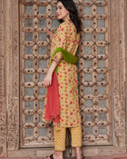 Apricot Aura Floral Printed Cotton Kurta Pant with Dupatta Set Ethnic Wear for Women