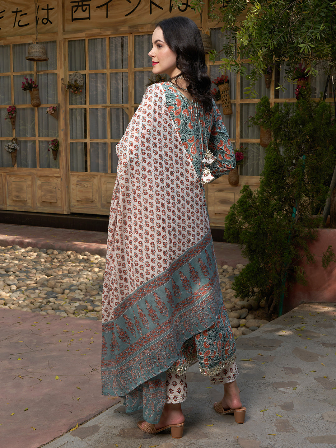 Silver Mist Grey Cotton Printed Kurta Pant with Dupatta Set Ethnic Wear for Women