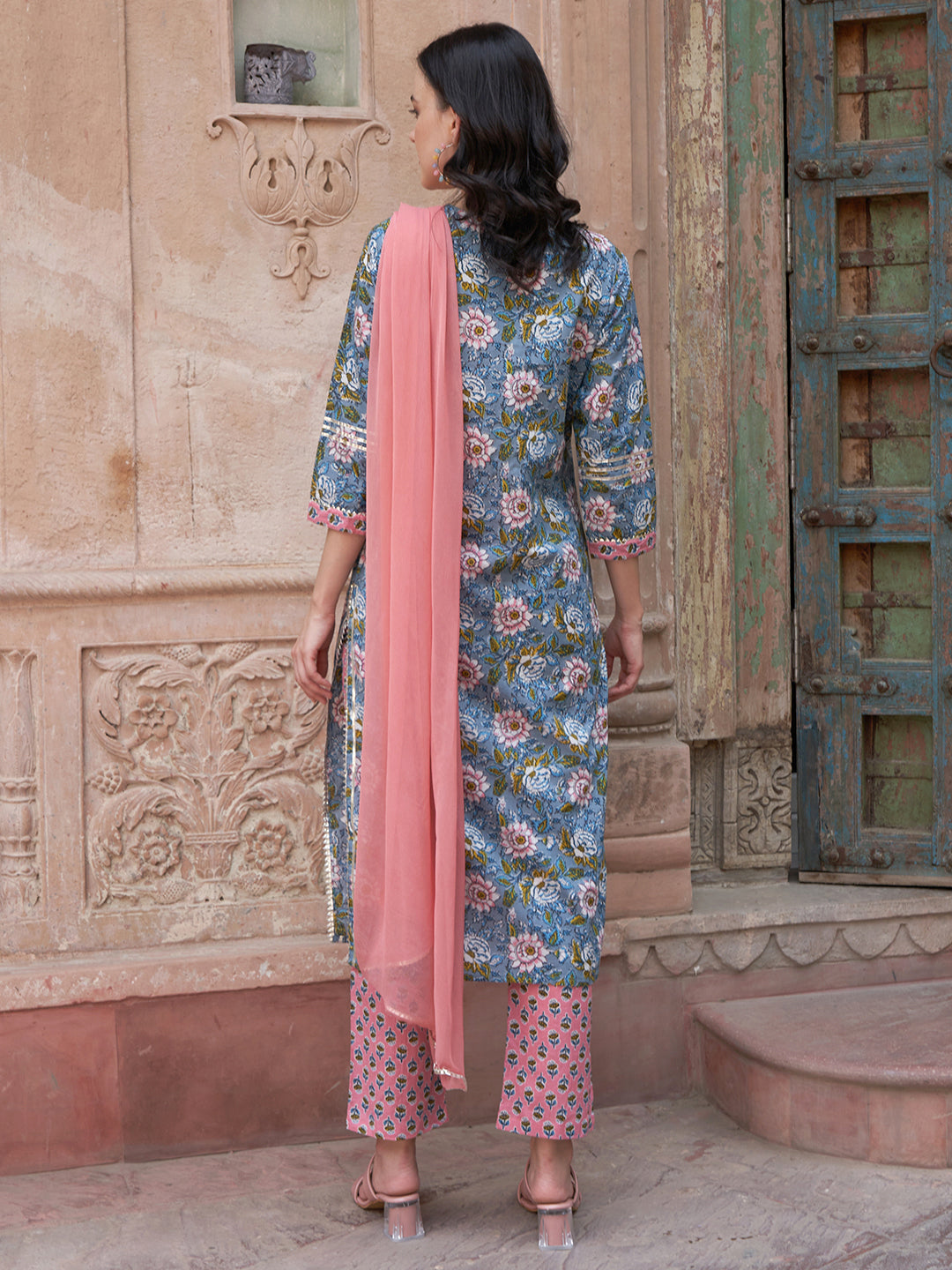 Blue Floral Gotta Patti Kurta Set – Cotton with Dupatta