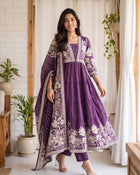 Purple Bloom – Printed Anarkali Kurta Pant with Dupatta Set