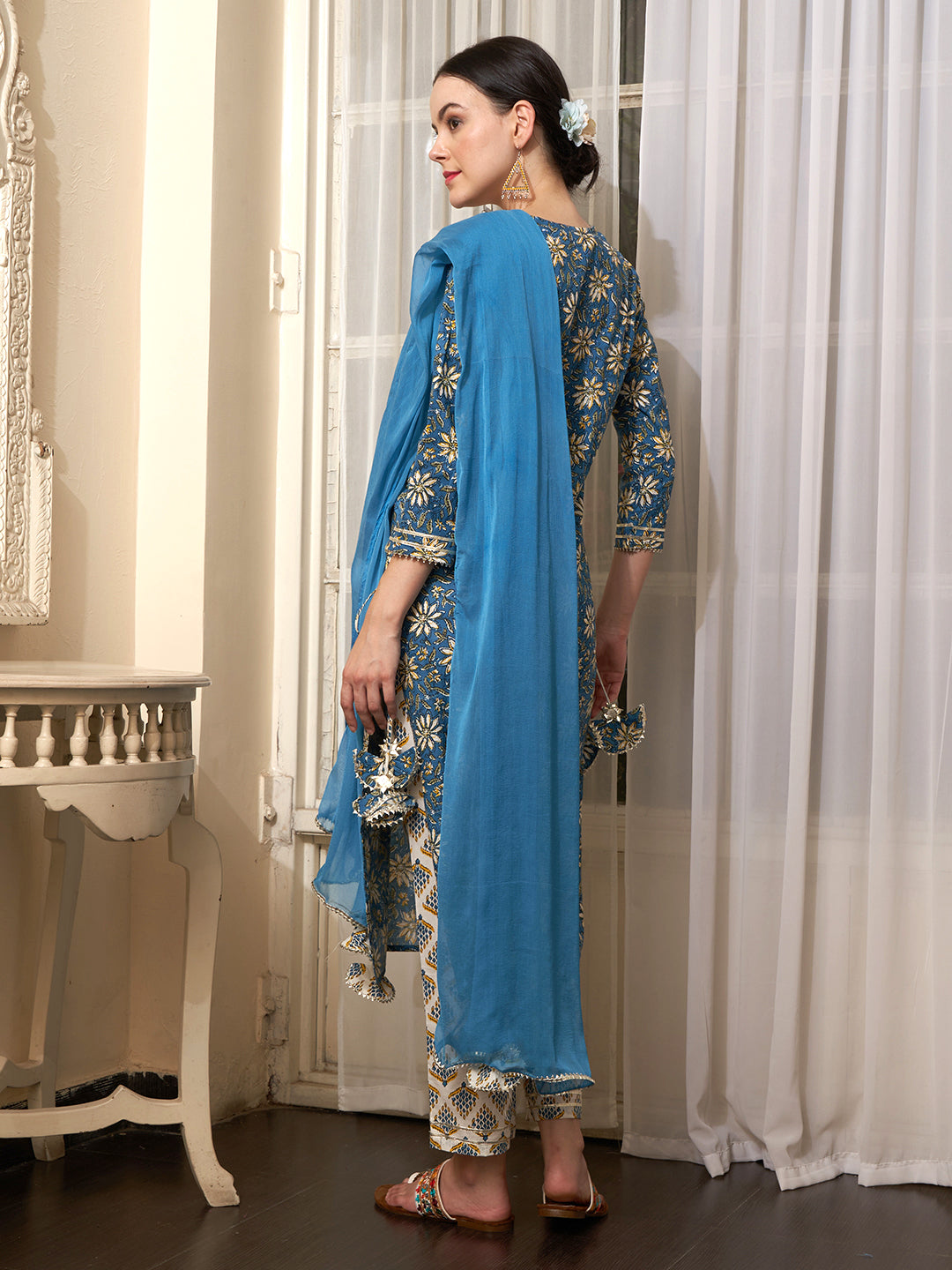 Aqua Bloom Turquoise Cotton Printed Kurta Pant with Dupatta Set Ethnic Wear for Women