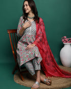 Sea Green Floral Printed Pure Cotton Kurta with Palazzos & Dupatta