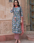 Blue Floral Gotta Patti Kurta Set – Cotton with Dupatta