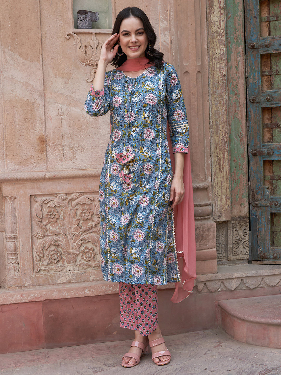 Blue Floral Gotta Patti Kurta Set – Cotton with Dupatta