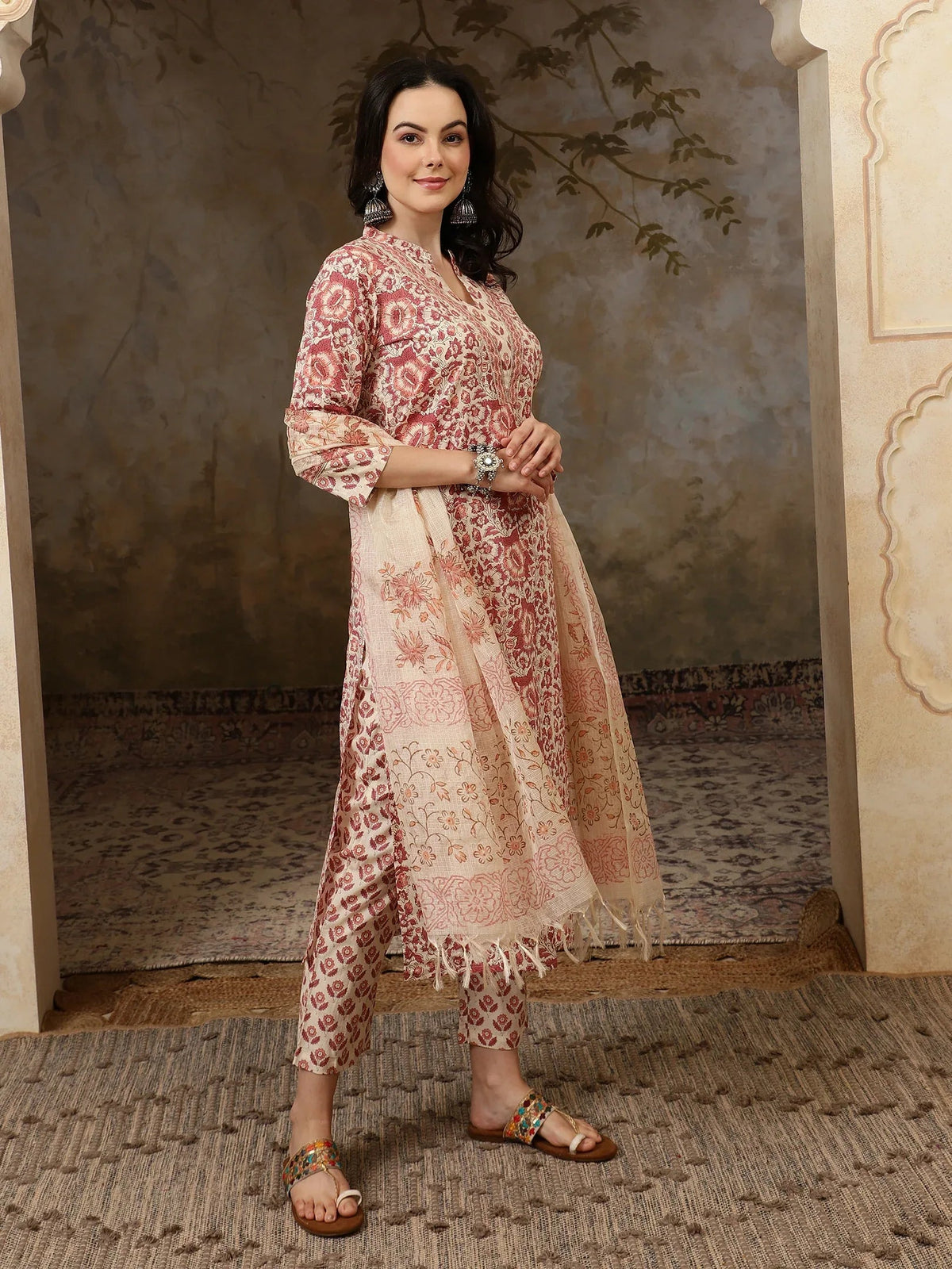 Amaira Floral Printed Straight Pure Cotton Kurta Set with Trousers & Dupatta - aunlabel