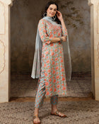 Neelika Floral Printed Blue Cotton Kurta with Trousers & Dupatta