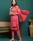 Blush Bloom Printed Pure Cotton Straight Kurta With Trouser & Dupatta Set