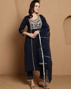 Ebon Weave Floral Embroidered Straight Kurta & Trousers With Dupatta