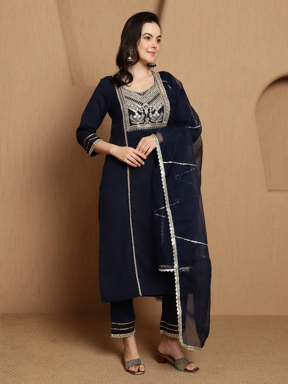 Ebon Weave Floral Embroidered Straight Kurta & Trousers With Dupatta