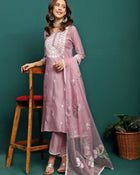 Orchid Bloom Embroidered Round-Neck Kurta With Trouser & Dupatta