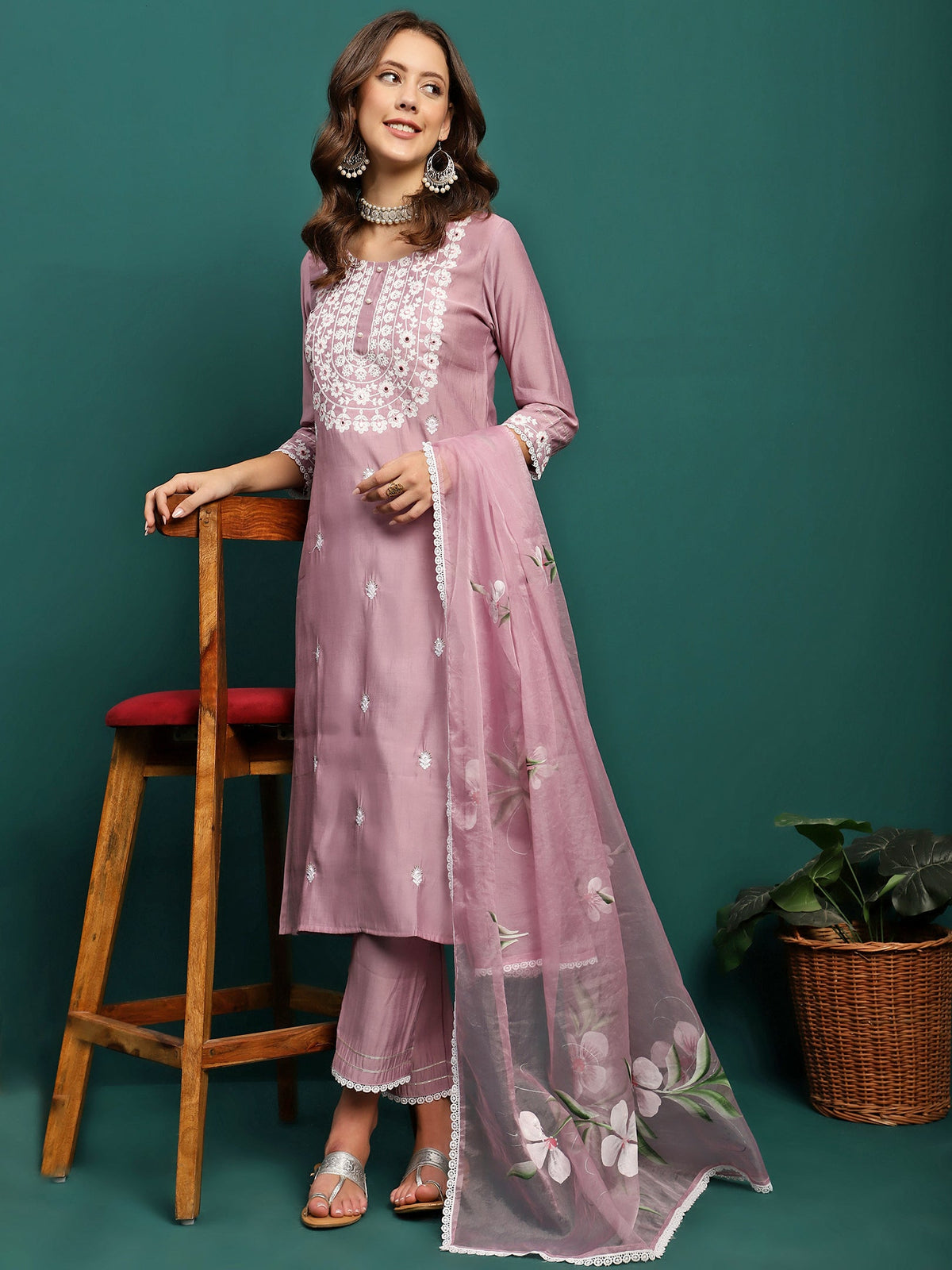 Orchid Bloom Embroidered Round-Neck Kurta With Trouser & Dupatta