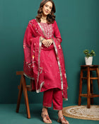 Aurora Thread Floral Embroidered Round-Neck Straight Kurta With Trousers & Dupatta