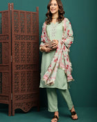 Mint Mirage Floral Embroidered Kurta & Trouser With Dupatta Set