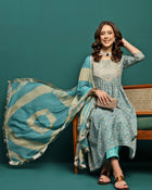 Gleam Garden Floral Printed Pleated Mirror Work A-Line Kurta With Trouser & Dupatta