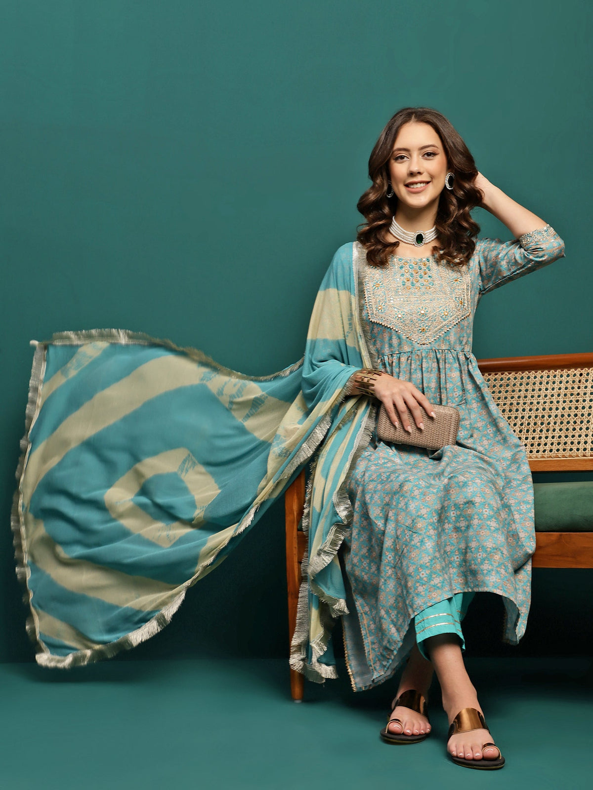 Gleam Garden Floral Printed Pleated Mirror Work A-Line Kurta With Trouser & Dupatta