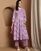 Lavender Bloom Floral Printed Notch Neck Pure Cotton Anarkali Kurta & Trousers With Dupatta