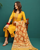 Sun Drape Printed & Embroidered Straight Kurta With Trouser & Dupatta Set