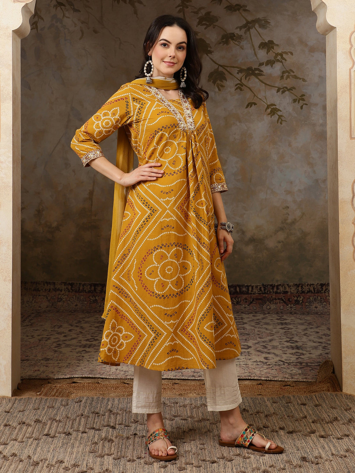 Sunehri Raag Bandhani Printed Pure Cotton Anarkali Kurta Set with Dupatta