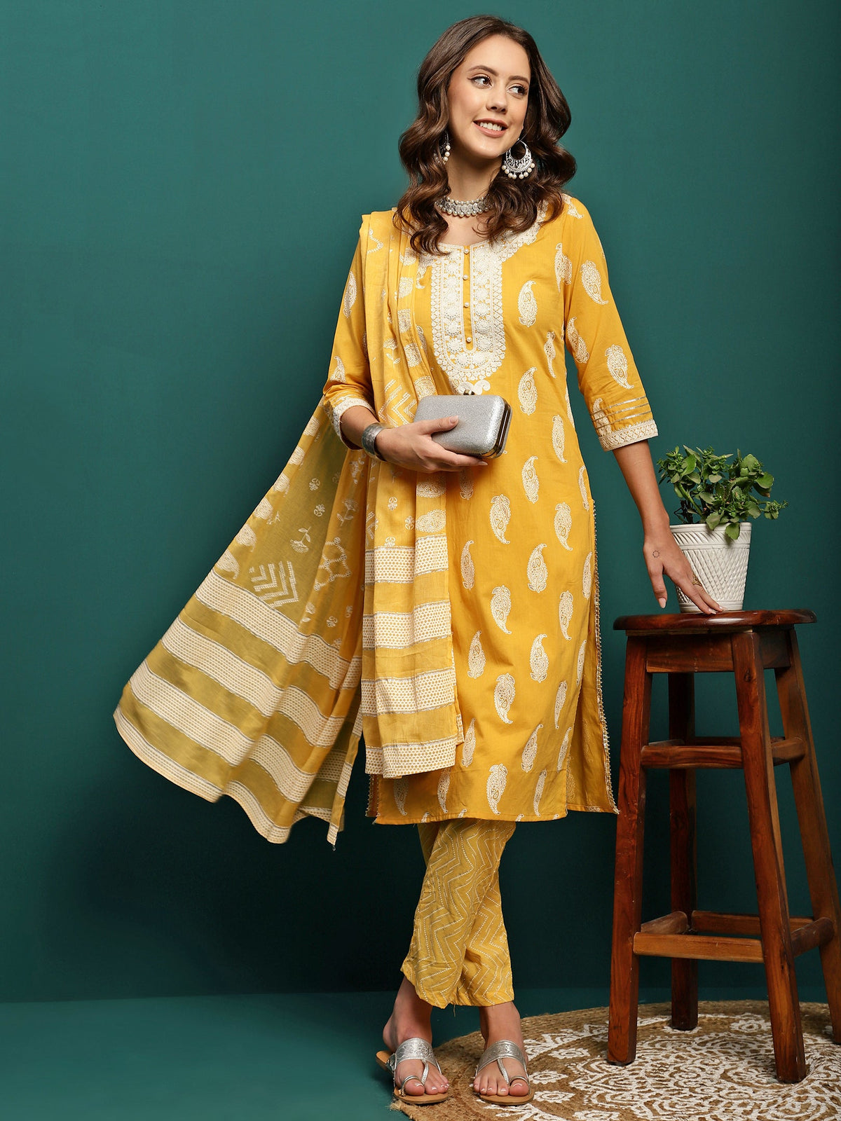 Amber Radiance Embroidered Pure Cotton Kurta Trouser With Dupatta