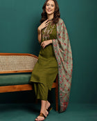Serene Thread Floral Embroidered Kurta with Trousers & Dupatta