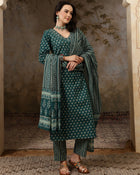 Meher Floral Printed Mirror Work Pure Cotton Straight Kurta Set with Trousers & Dupatta