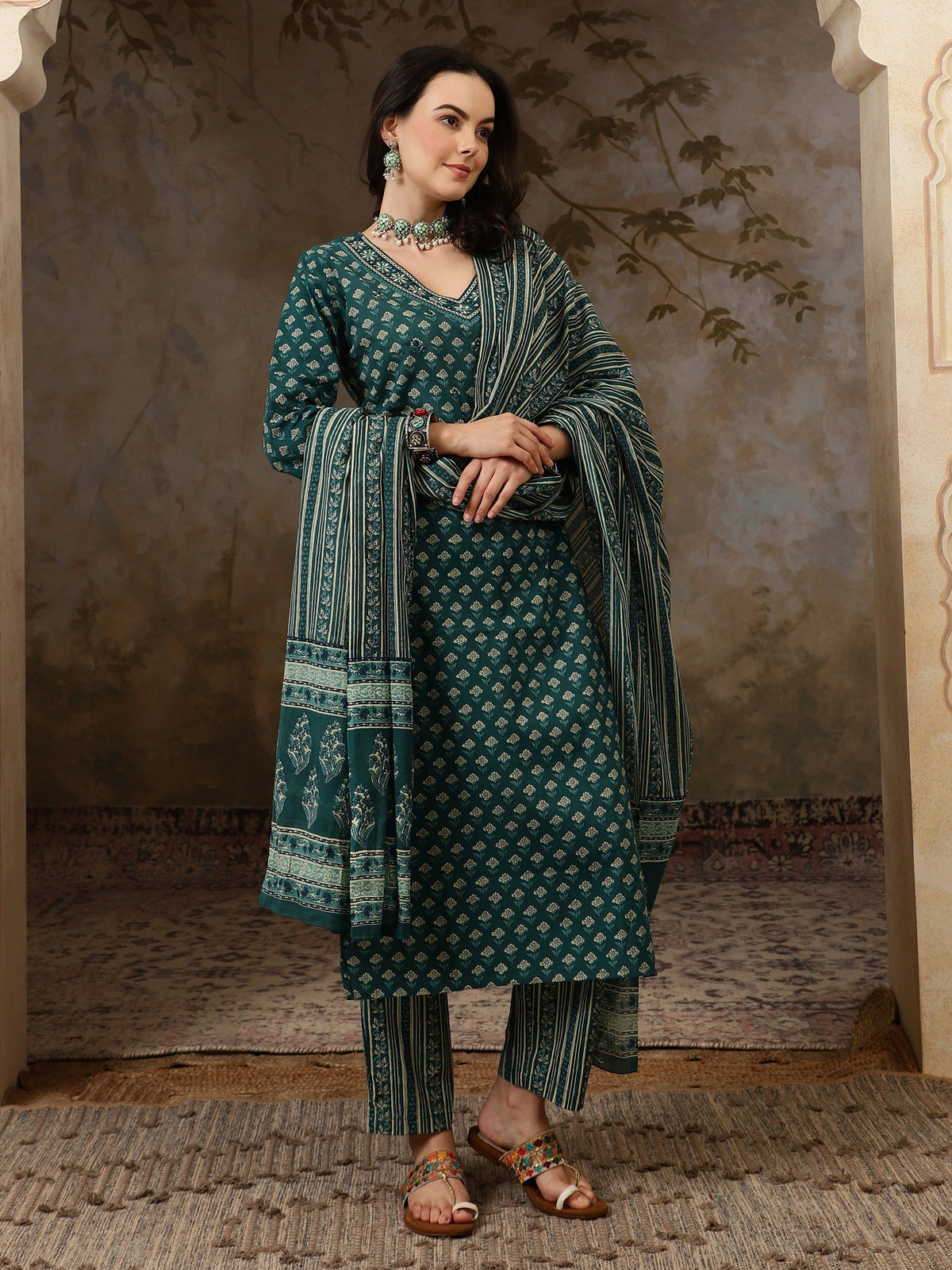 Meher Floral Printed Mirror Work Pure Cotton Straight Kurta Set with Trousers & Dupatta