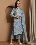 Heritage Hues Ethnic Motifs Printed Pure Cotton Straight Kurta & Trousers With Dupatta