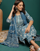 Bluebell Charm Floral Printed Gotta Patti Pure Cotton A-Line Kurta With Trouser & Dupatta Set