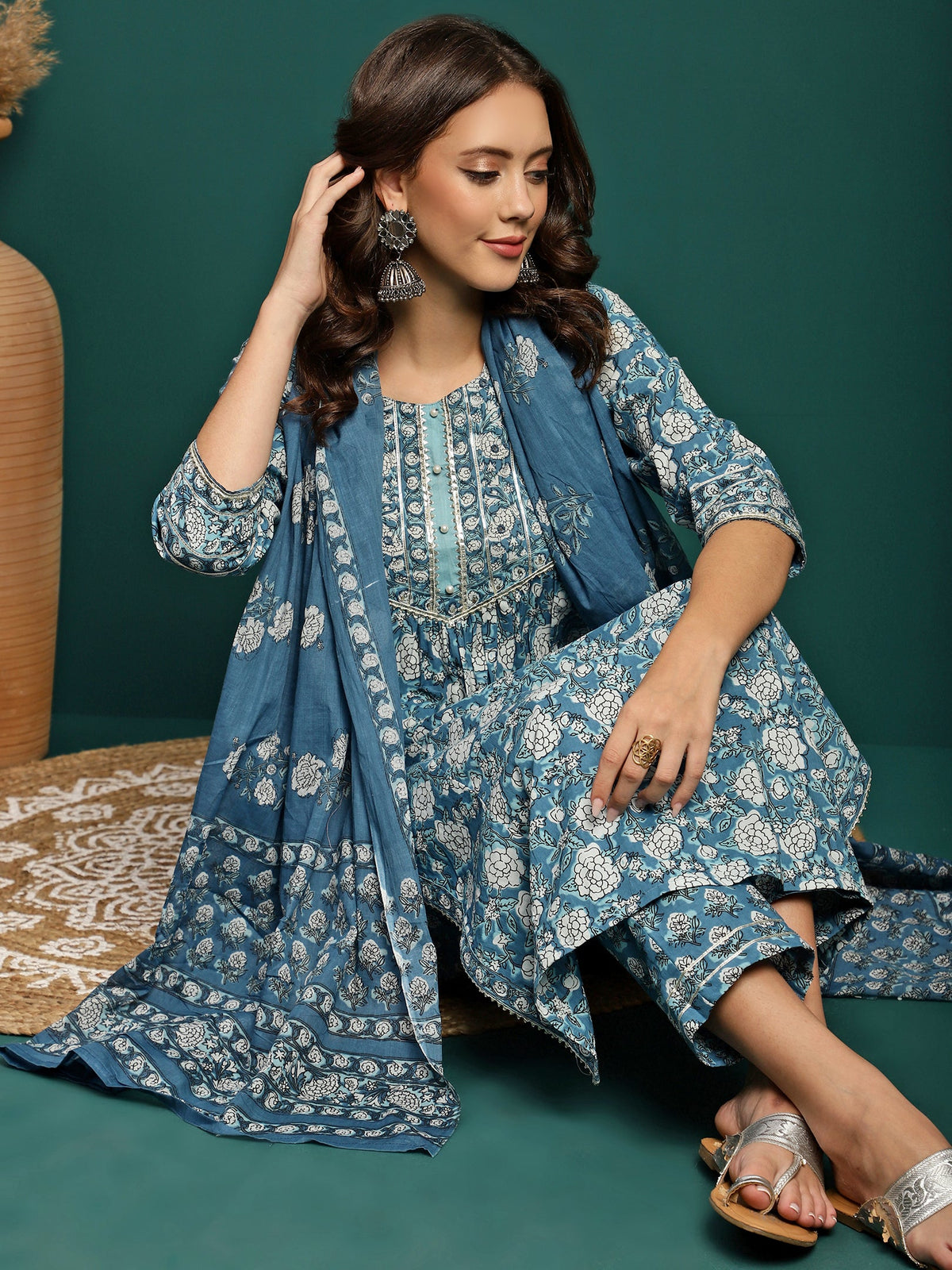 Bluebell Charm Floral Printed Gotta Patti Pure Cotton A-Line Kurta With Trouser & Dupatta Set