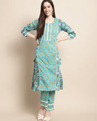 Aqua Bloom Floral Printed Kurta Pant Dupatta Set