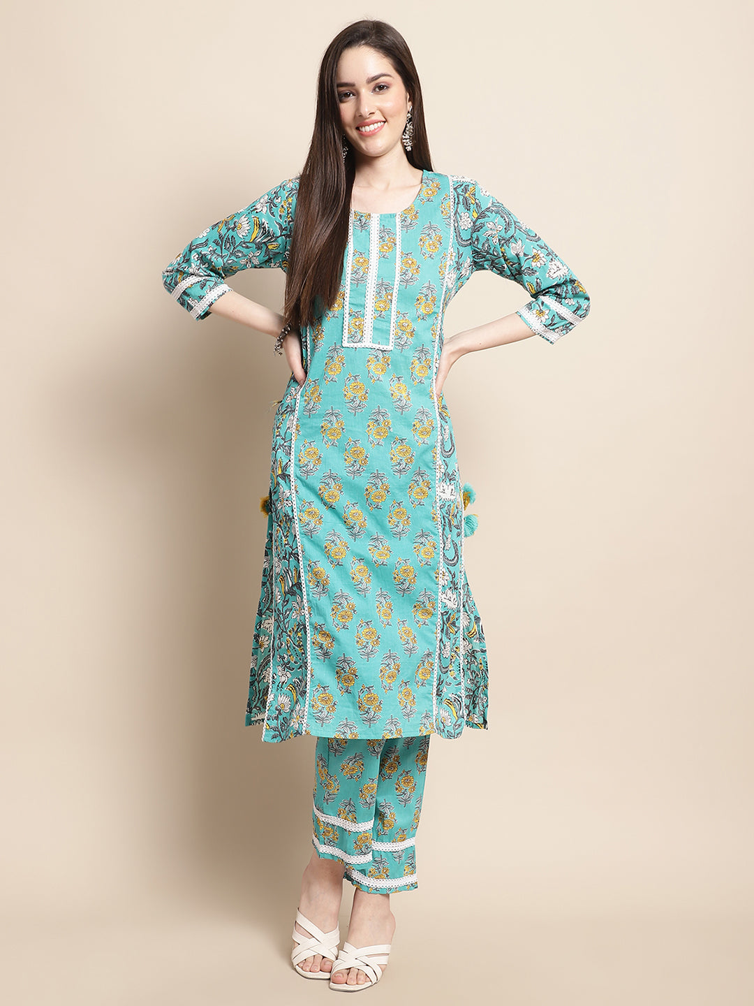 Aqua Bloom Floral Printed Kurta Pant Dupatta Set