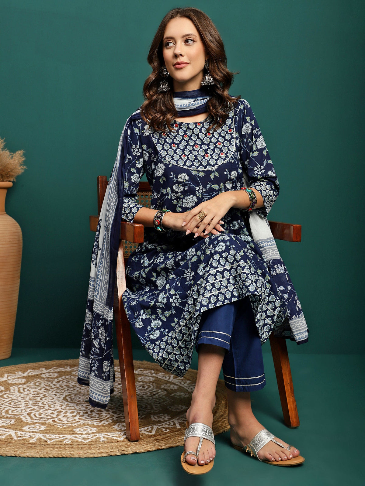 Printed Pure Cotton Anarkali Kurta With Trouser & Dupatta Set
