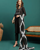 Noir Weave Geometric Yoke Pure Cotton Straight Kurta With Trouser & Dupatta