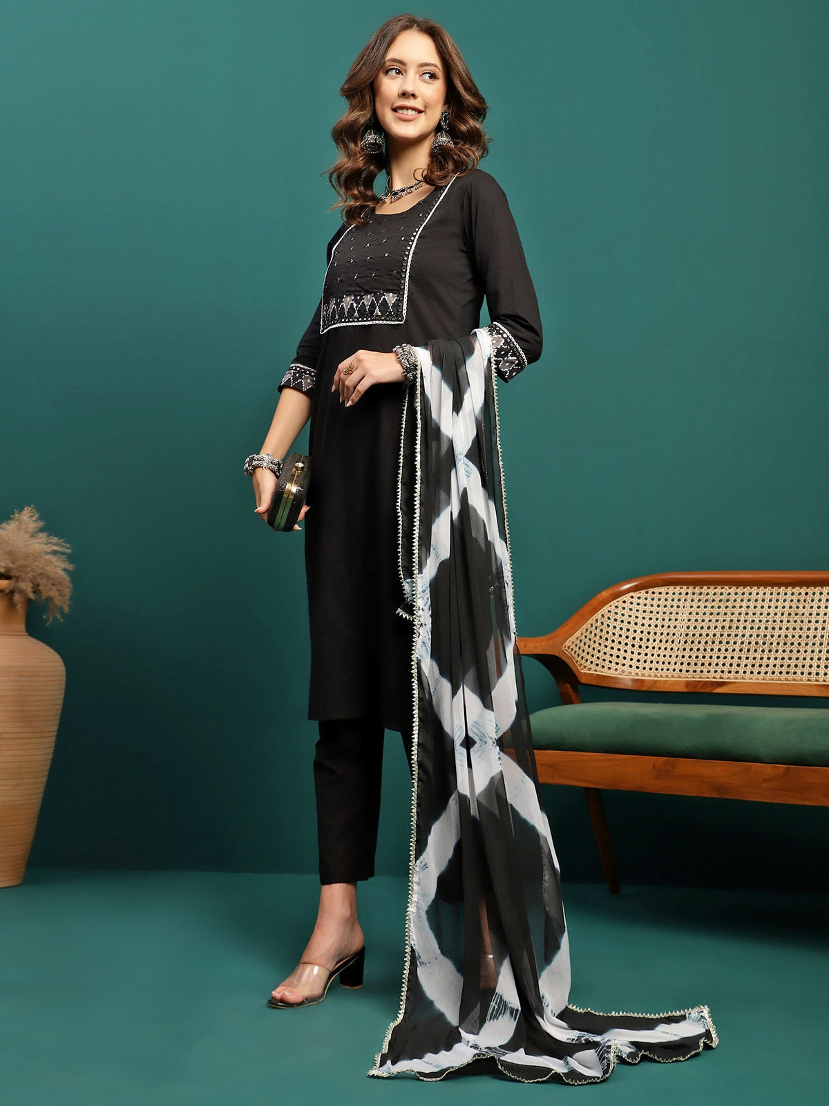 Noir Weave Geometric Yoke Pure Cotton Straight Kurta With Trouser & Dupatta