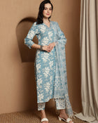 Blue Haven Premium Embroidered Kurta Trouser & Dupatta Set