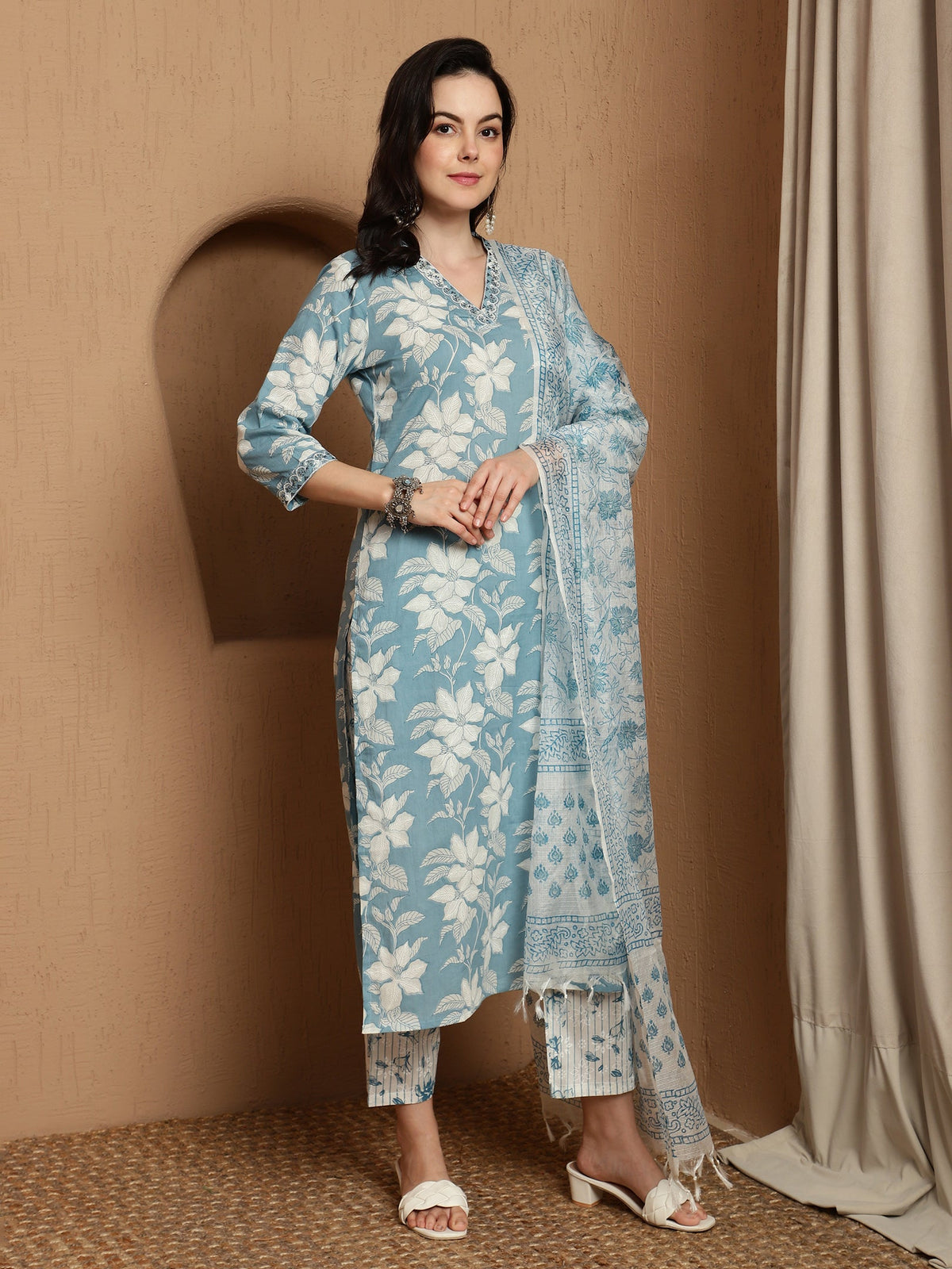 Blue Haven Premium Embroidered Kurta Trouser & Dupatta Set
