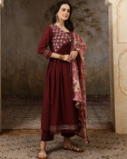 Florya Yoke Design Thread Work Pure Cotton Anarkali Kurta Set with Trousers & Dupatta