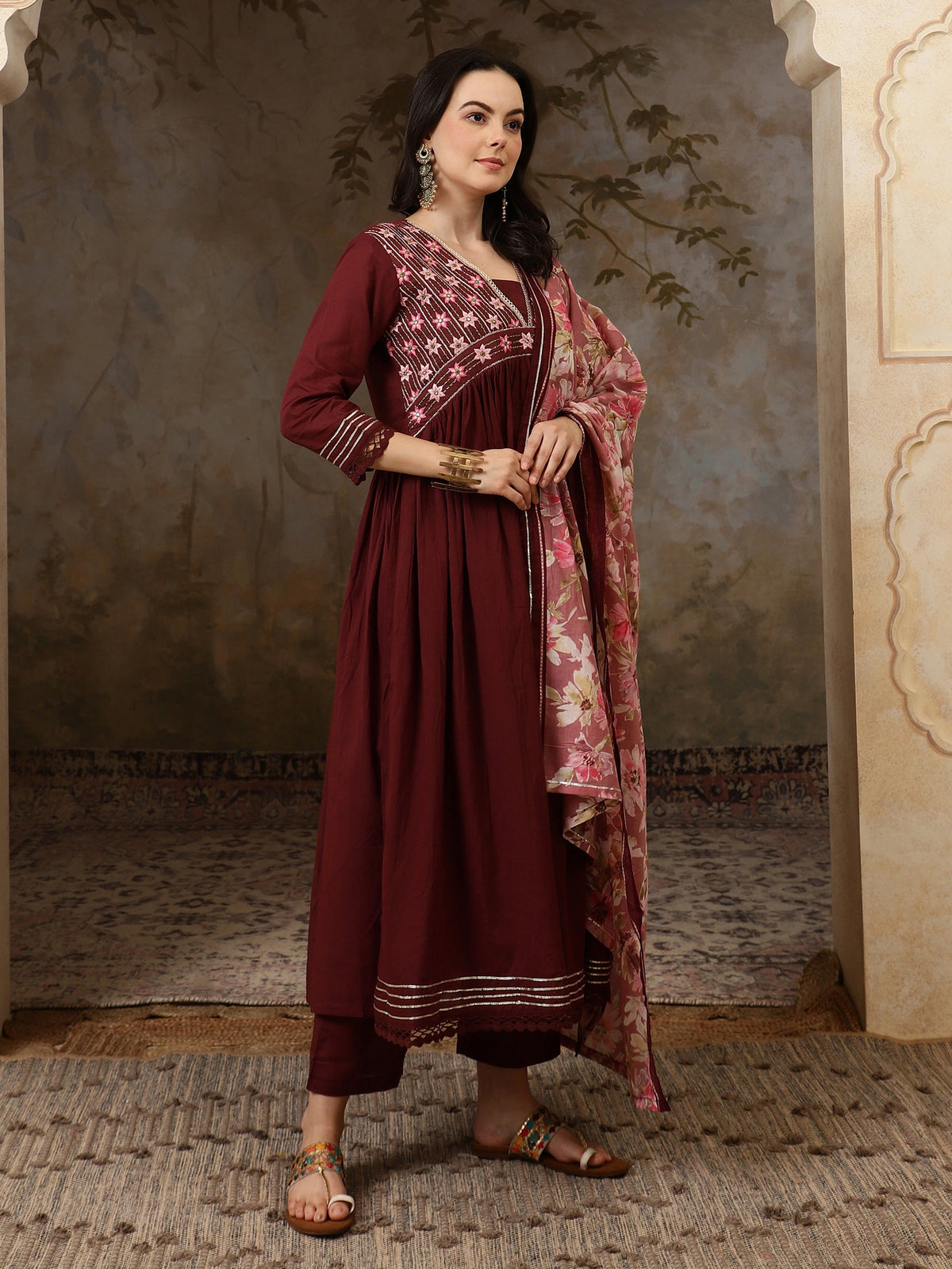 Florya Yoke Design Thread Work Pure Cotton Anarkali Kurta Set with Trousers & Dupatta