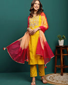 Golden Thread Embroidered Round-Neck Straight Kurta With Trousers & Dupatta