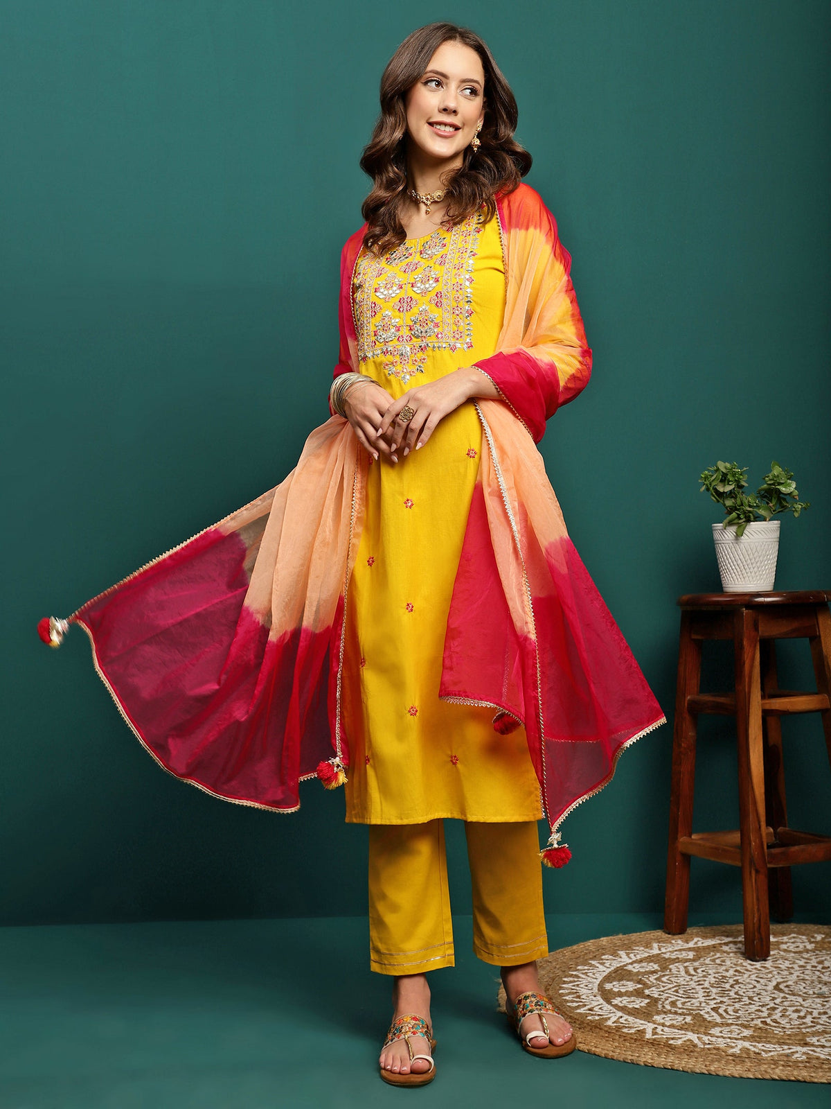 Golden Thread Embroidered Round-Neck Straight Kurta With Trousers & Dupatta