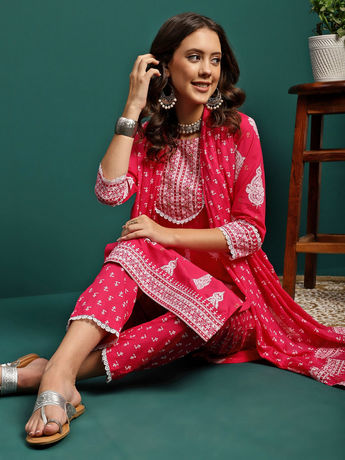 Rosy Veil Printed Pure Cotton Straight Kurta With Trouser & Dupatta Set