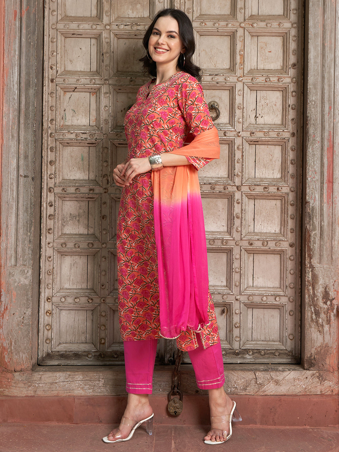 Orange Gotta Patti Straight Kurta Set – Cotton with Dupatta