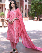 Pink Bandhani Printed Pure Cotton Angrakha Kurta With Trousers & Dupatta