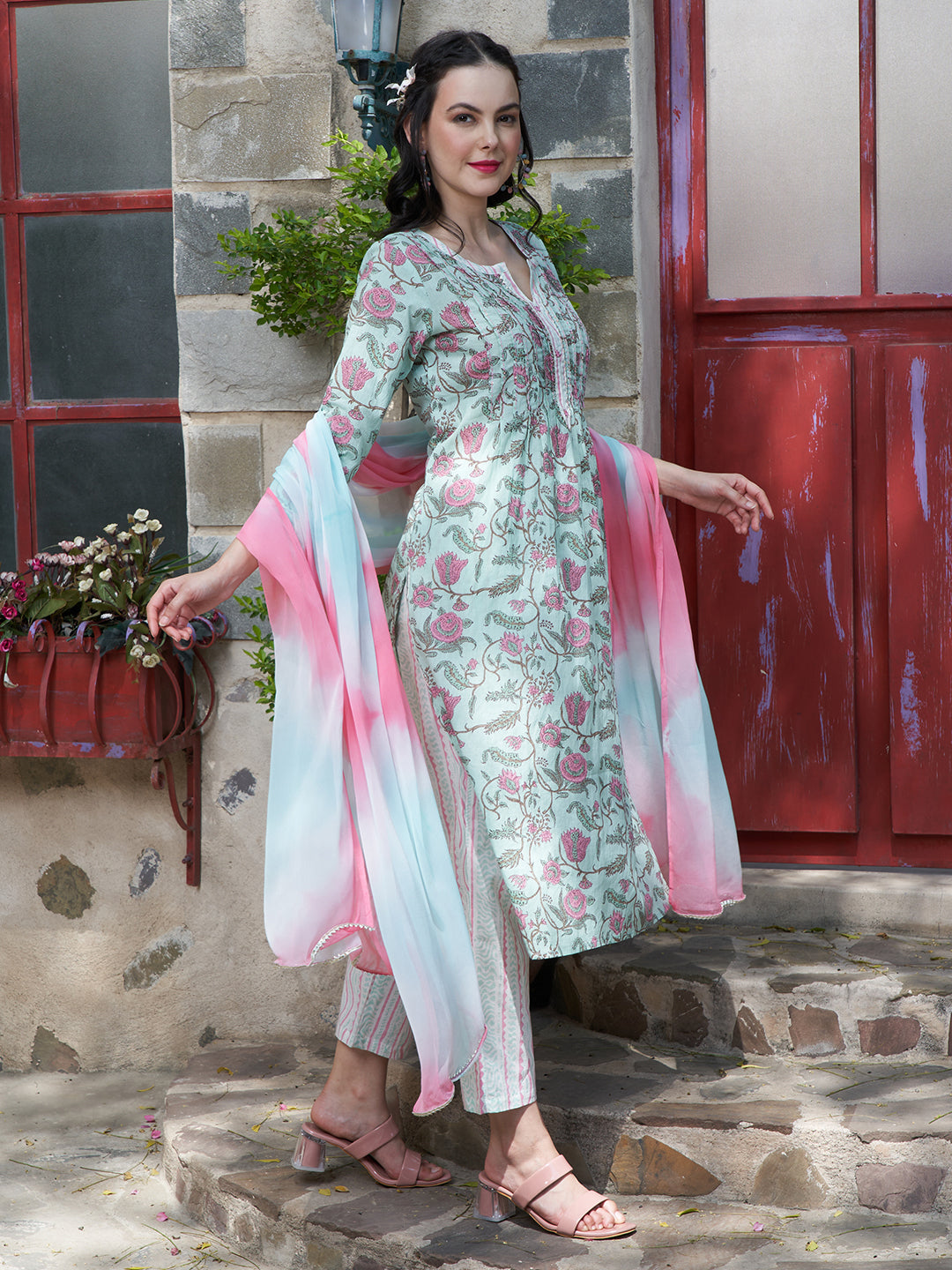 Teal Whisper Cotton Printed Kurta Pant with Dupatta Set  Ethnic Wear for Women
