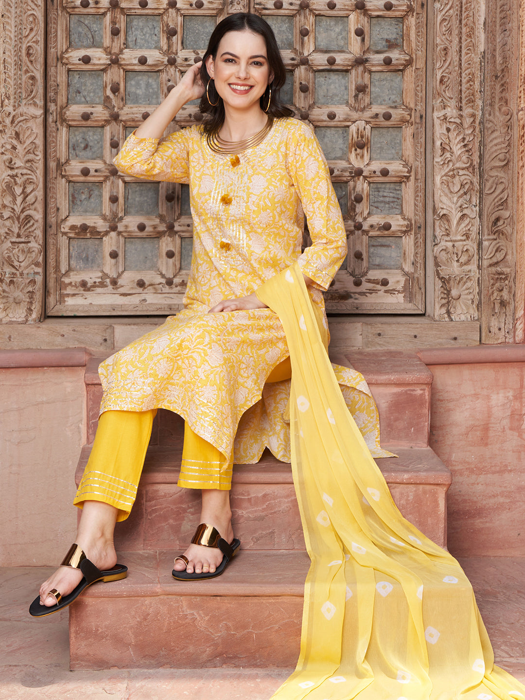 Sunshine Bloom  Floral Printed Kurta Pant with Dupatta Set Ethnic Wear for Women
