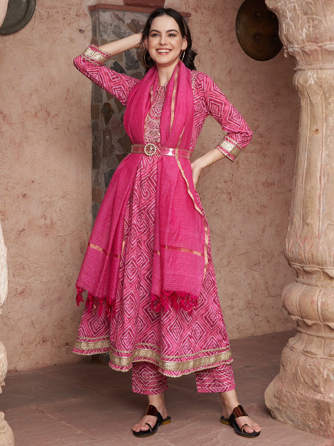 Bandhani Bloom Pink Printed Kurta Pant with Dupatta Set