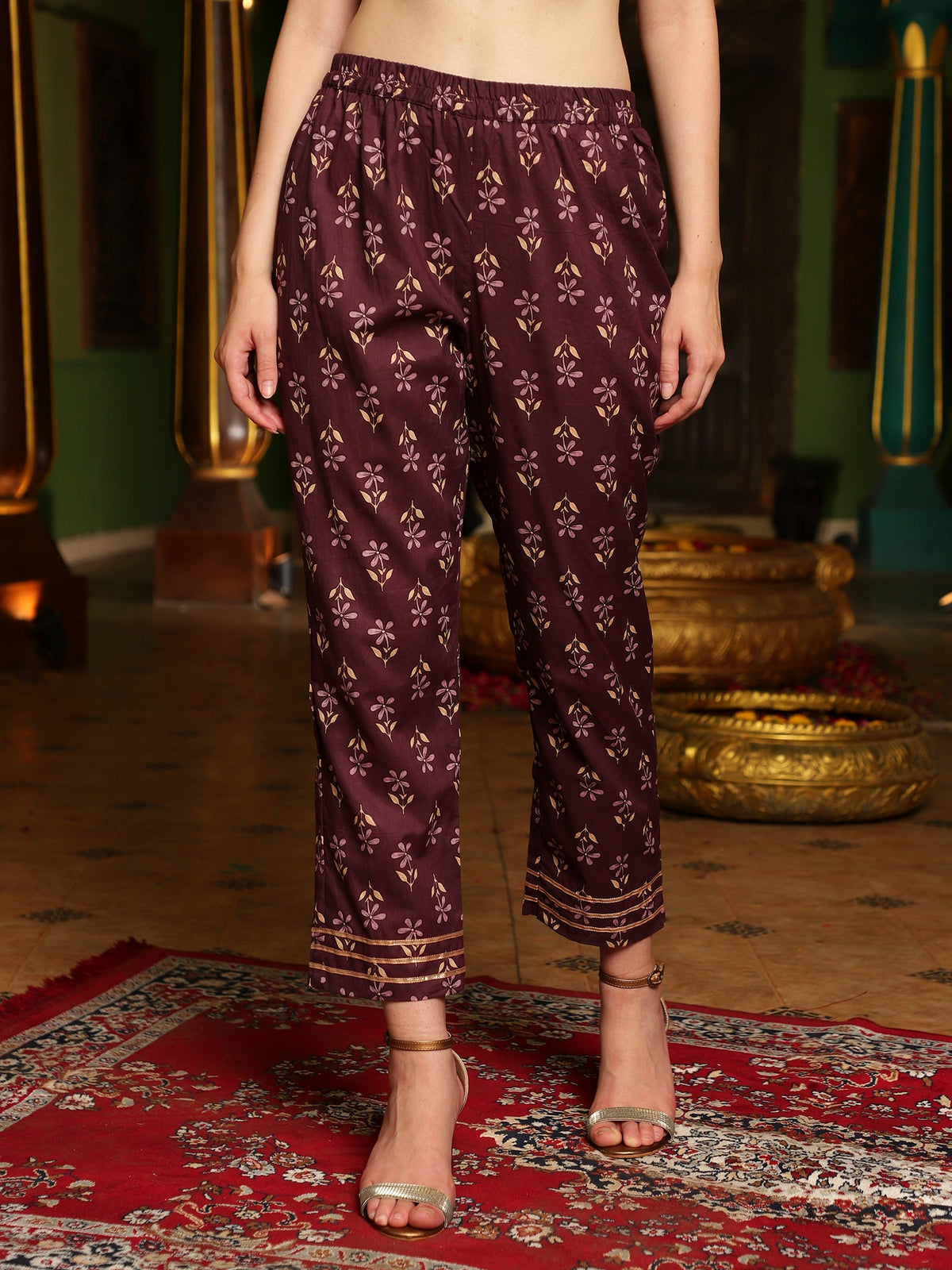 Purple Floral Printed Pure Cotton Anarkali Kurta & Trouser With Dupatta