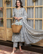 Serene Bloom Floral Printed Kurta Pant Dupatta Set
