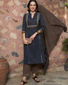 Moonlit Indigo Cotton Printed Kurta Pant with Dupatta Set Ethnic Wear for Women